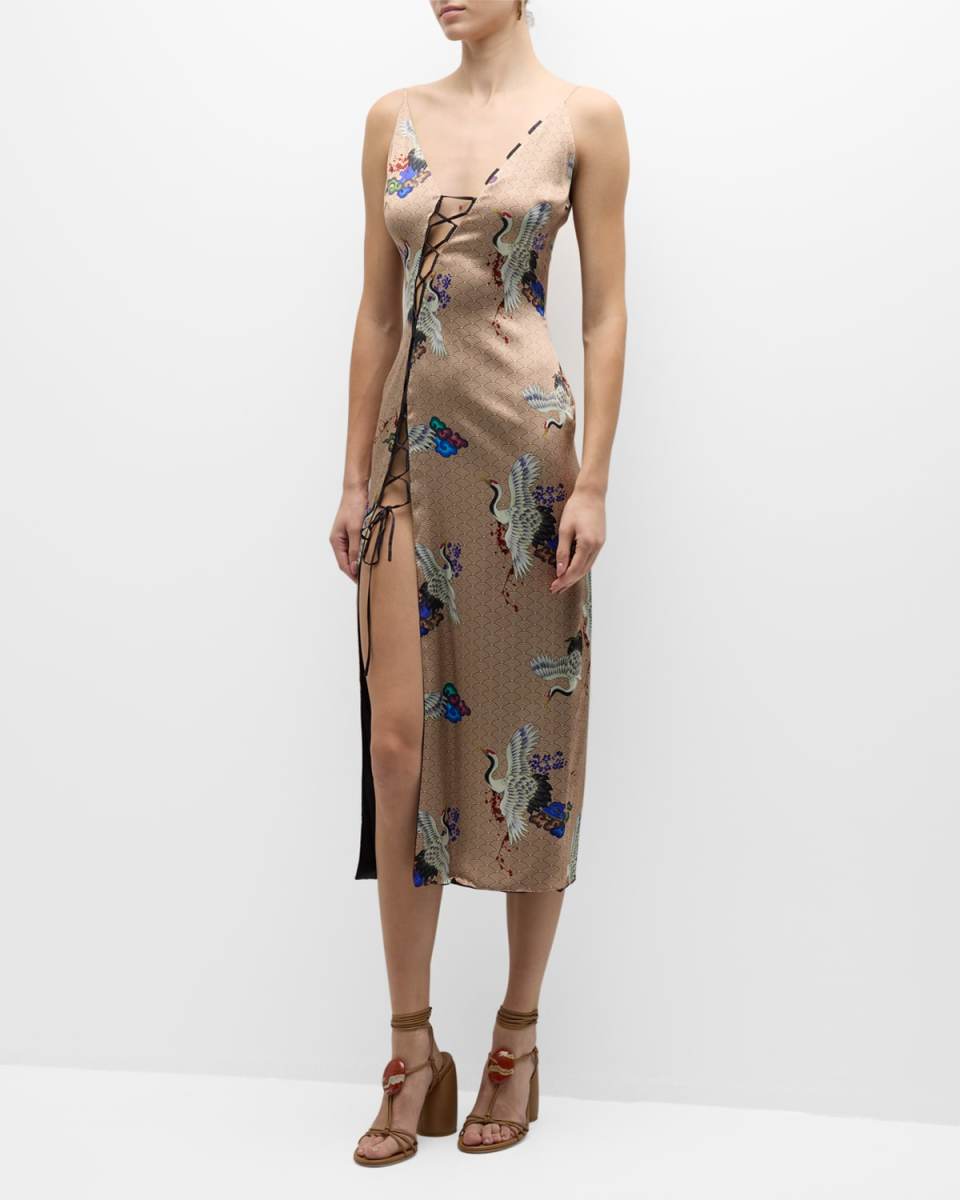 Crawford Lace-Up Slit-Hem Midi Dress